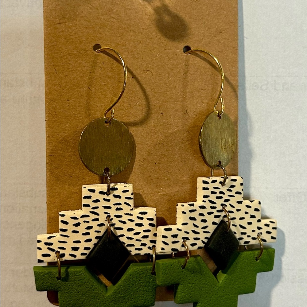 Green and White Geometric Earrings